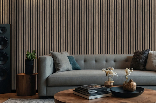 Acoustic Wood Slat Tile Backsplash in living room