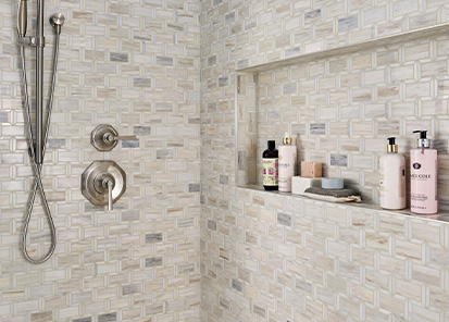 Angora Collection Mosaic Backsplash Tile in Bathroom