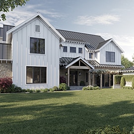 Exterior of the white modern farmhouse-style virtual house from the front.