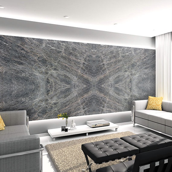 Bookmatched natural quartzite slab on a feature wall in a living room.
