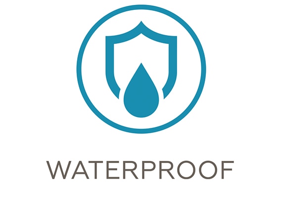 Waterproof tile icon depicting illustration of a shield with a drop of water rolling off of it.