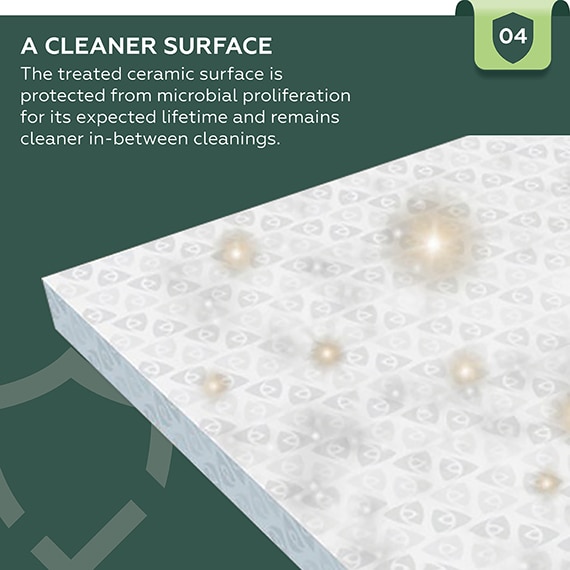 A Cleaner Surface. The treated ceramic surface is protected from microbial proliferation for its expected lifetime and remains cleaner in-between cleanings.