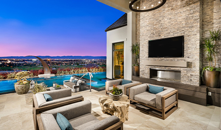 Silver Travertine Patio and Outdoor Fireplace